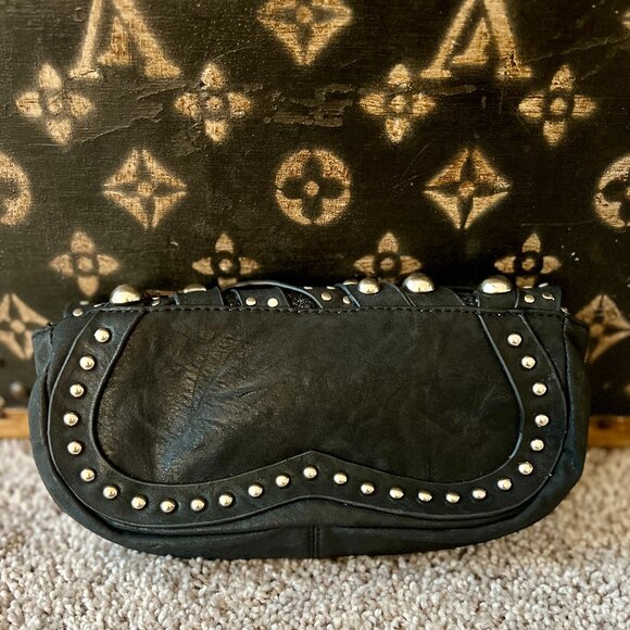 Black Leather Silver Studded Clutch, Crossbody Strap - Picture 2 of 4